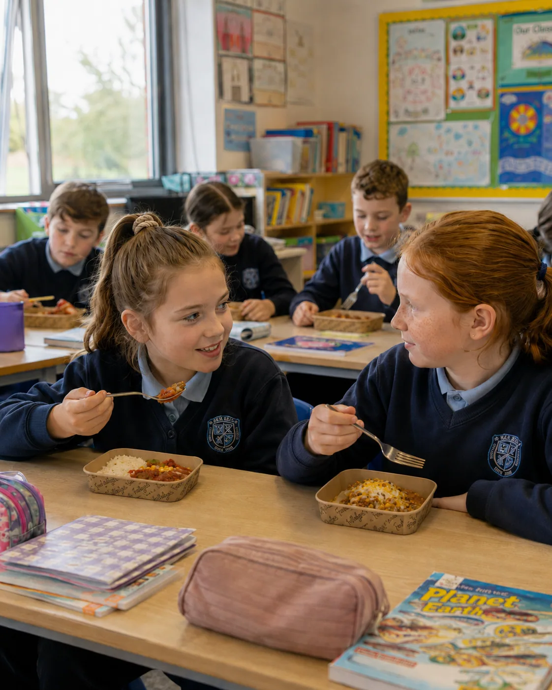 Primary pupils eating Food Village meals together in class