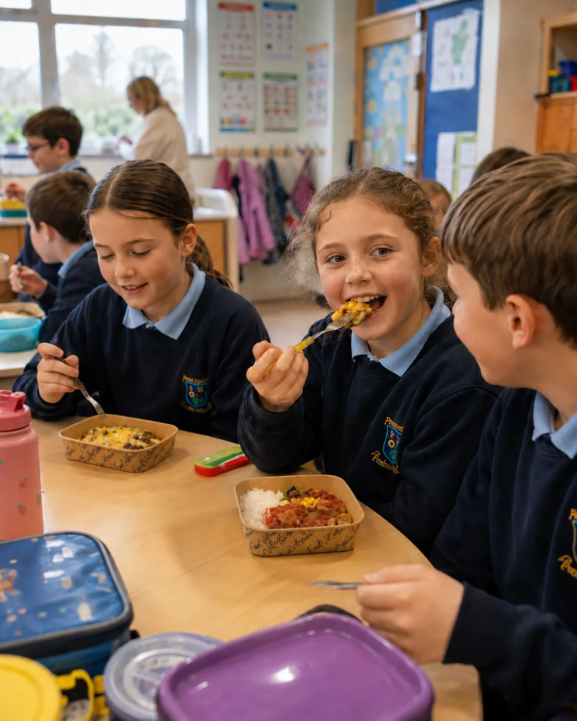 A primary pupil enjoying a Food Village meal at their classroom desk